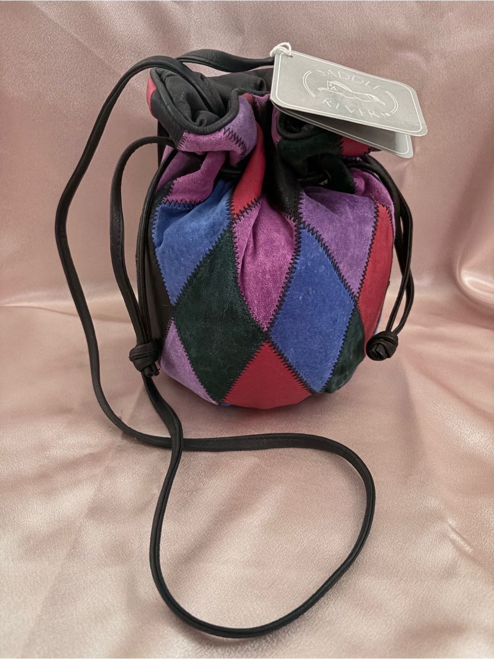 Vintage Saddle River Suede Patchwork Drawstring Bucket Bag NWT 90s Jewel Tone